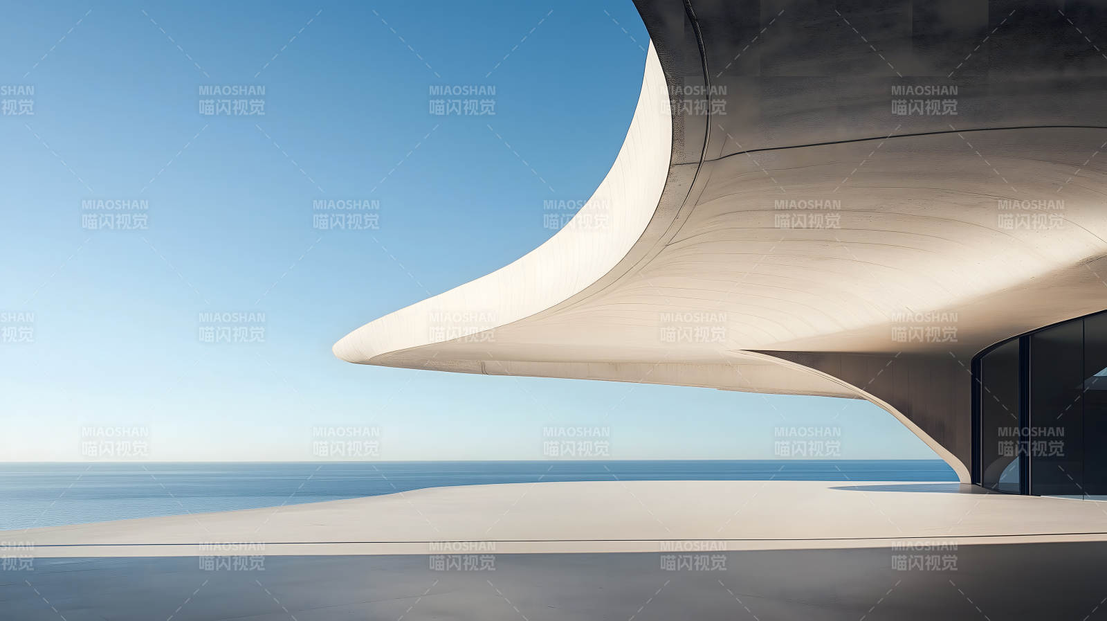 极简白色建筑旁的开阔海景平台图片