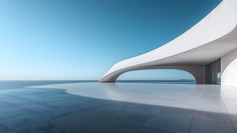 极简白色建筑旁的开阔海景平台图片