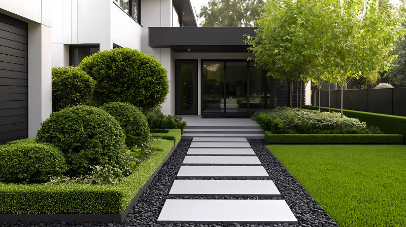 现代黑建筑搭配绿篱草坪的户外景致图片