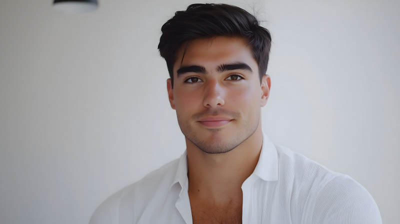 着白衬衫于简约室内微笑的男士图片