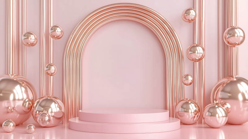粉色背景配金色元素的圆形展示台图片
