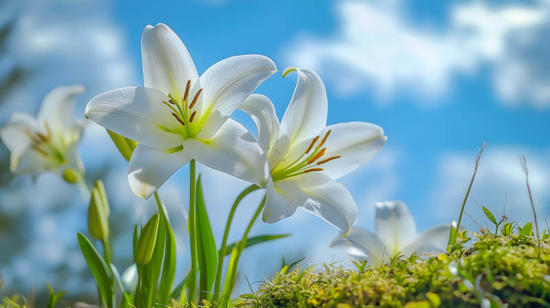 蓝天绿草百合花图片