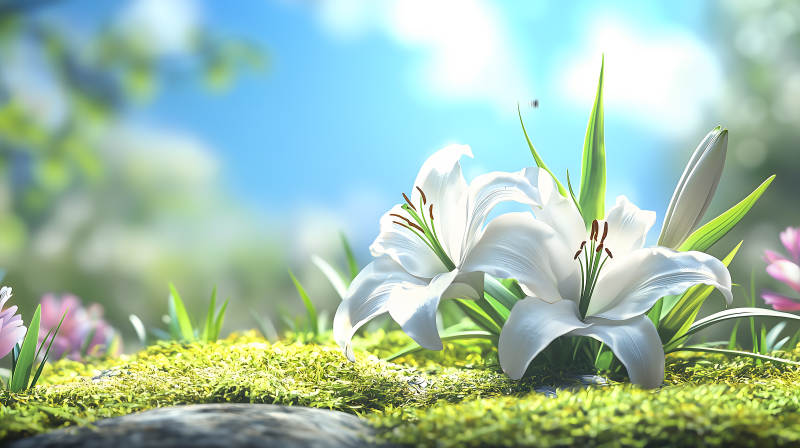 蓝天绿草百合花图片