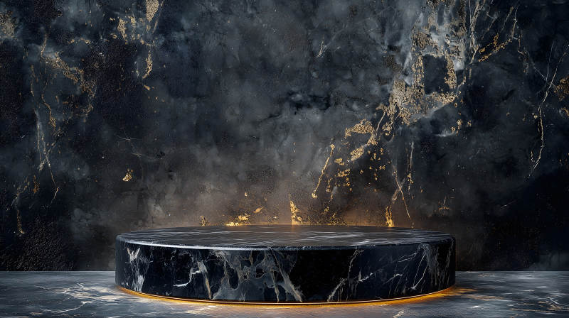 黑金岩石背景前的金色圆形展示台图片