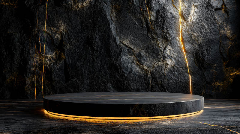 黑金岩石背景前的金色圆形展示台图片