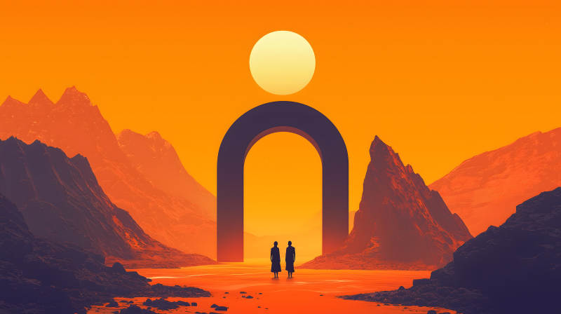 沙漠橙门人影凝视远方美景图片