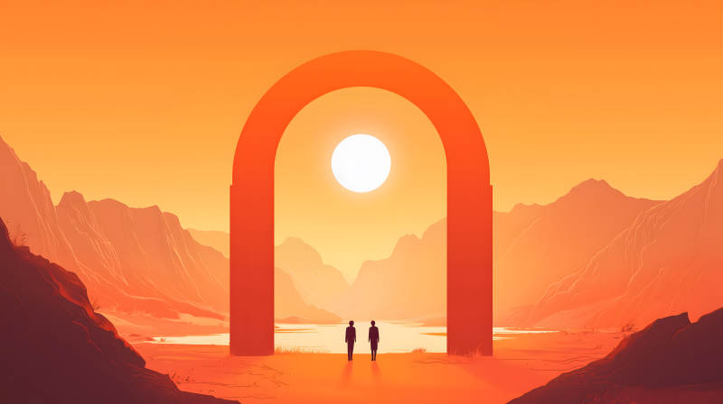 沙漠橙门人影凝视远方美景图片