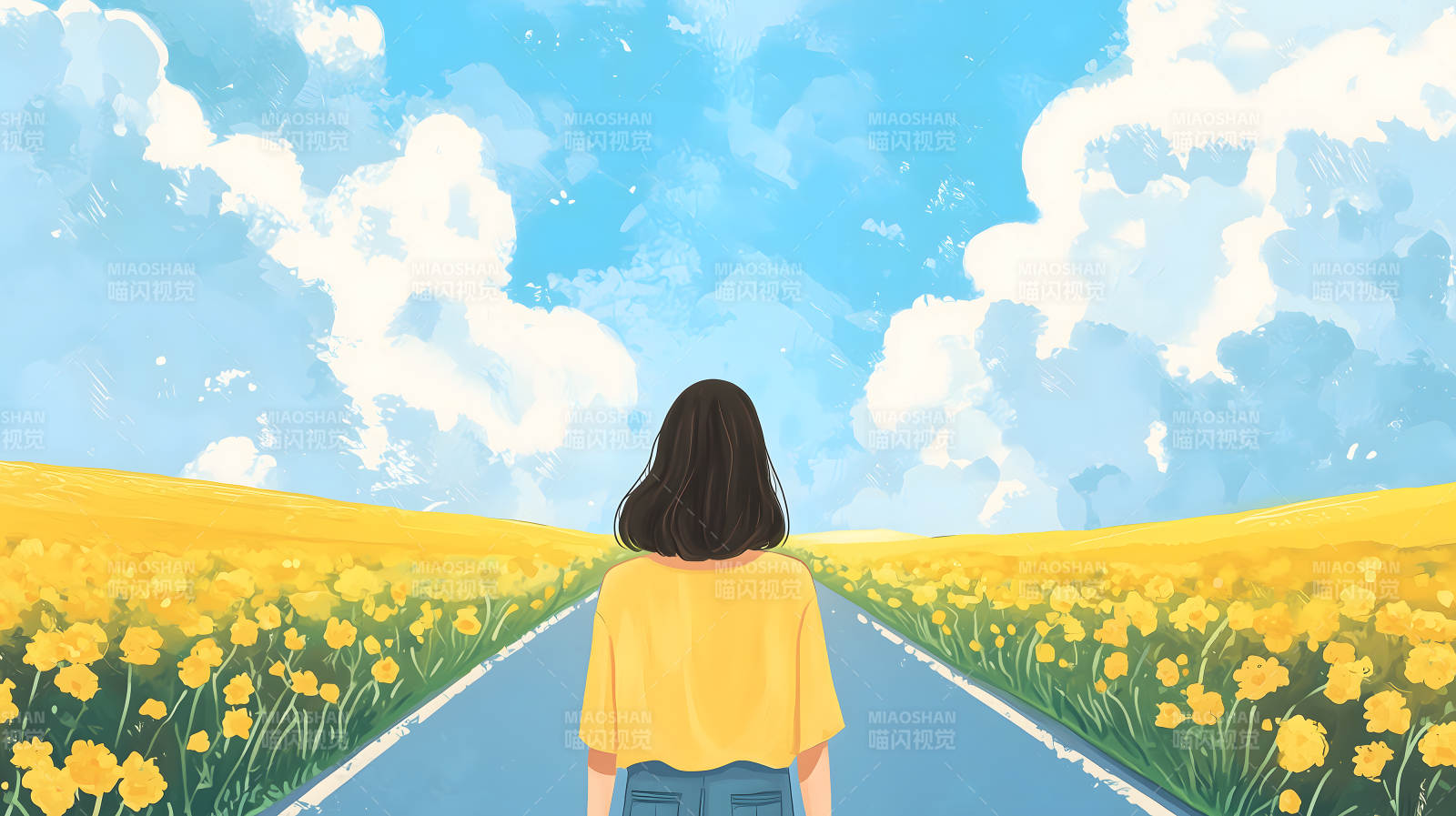 女孩背立小路油菜花香醉蓝天图片