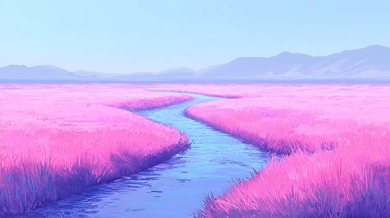 粉草地溪流景图片