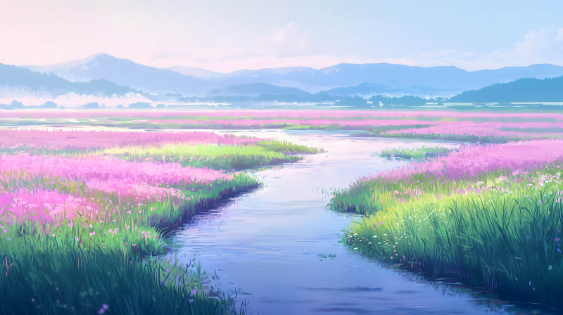 粉草地溪流景图片