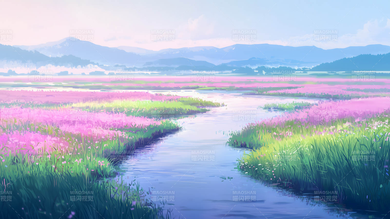 粉草地溪流景图片