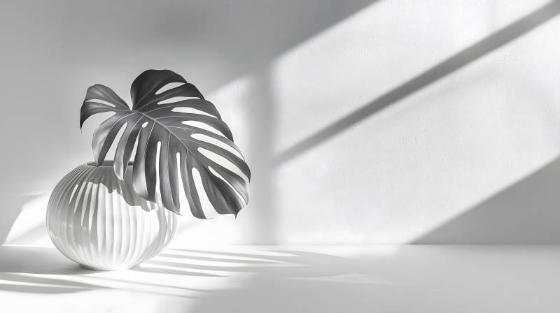 简约室内黑白叶插白瓶映墙图片