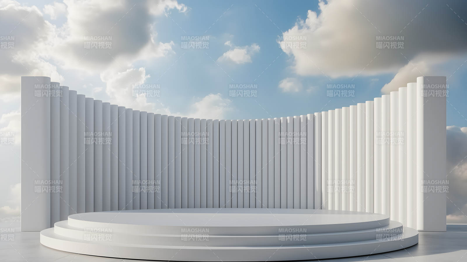 白色竖条纹空间内的圆形白色展示台图片