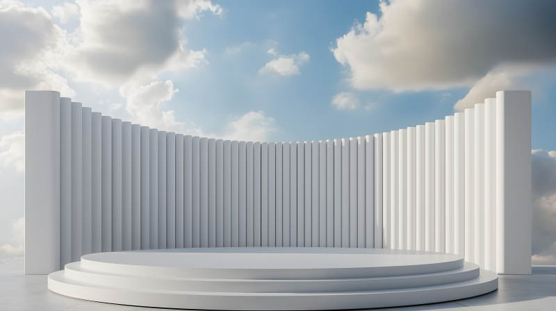 白色竖条纹空间内的圆形白色展示台图片