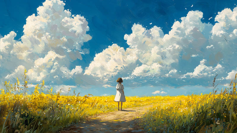 女孩背立小路油菜花香醉蓝天图片