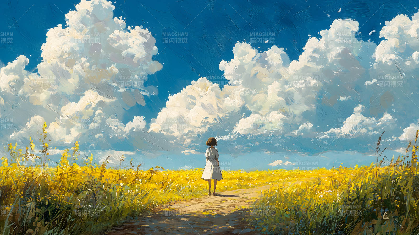 女孩背立小路油菜花香醉蓝天图片