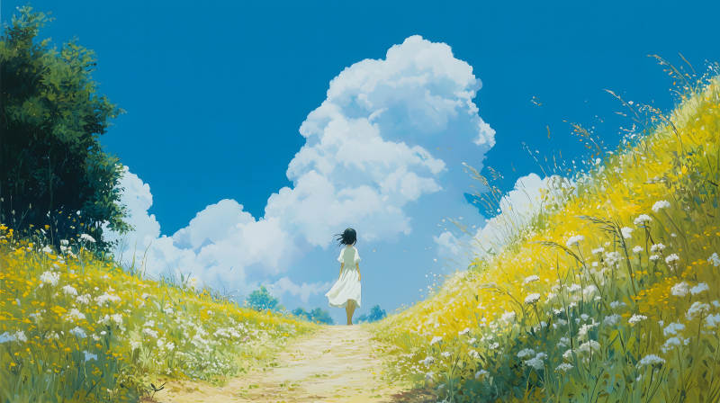 女孩背立小路油菜花香醉蓝天图片