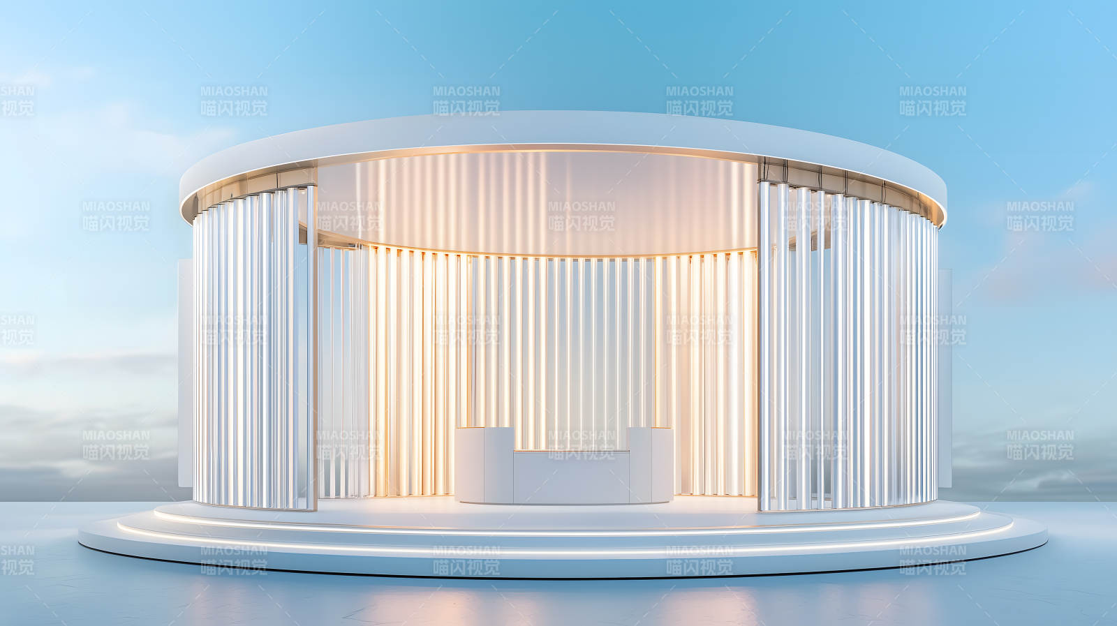 白色竖条纹空间内的圆形白色展示台图片