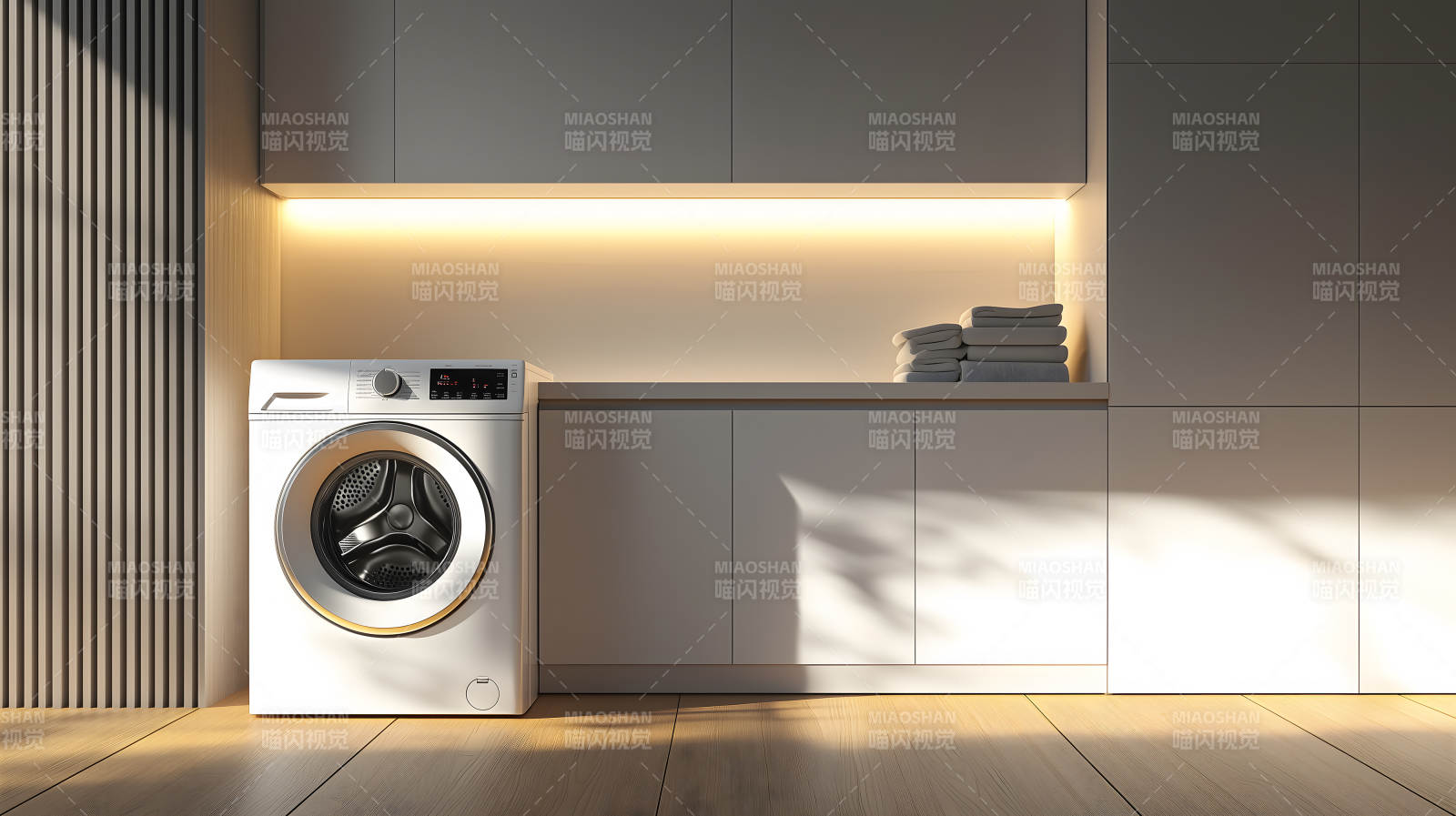 暖光营造的简约木质洗衣房空间图片