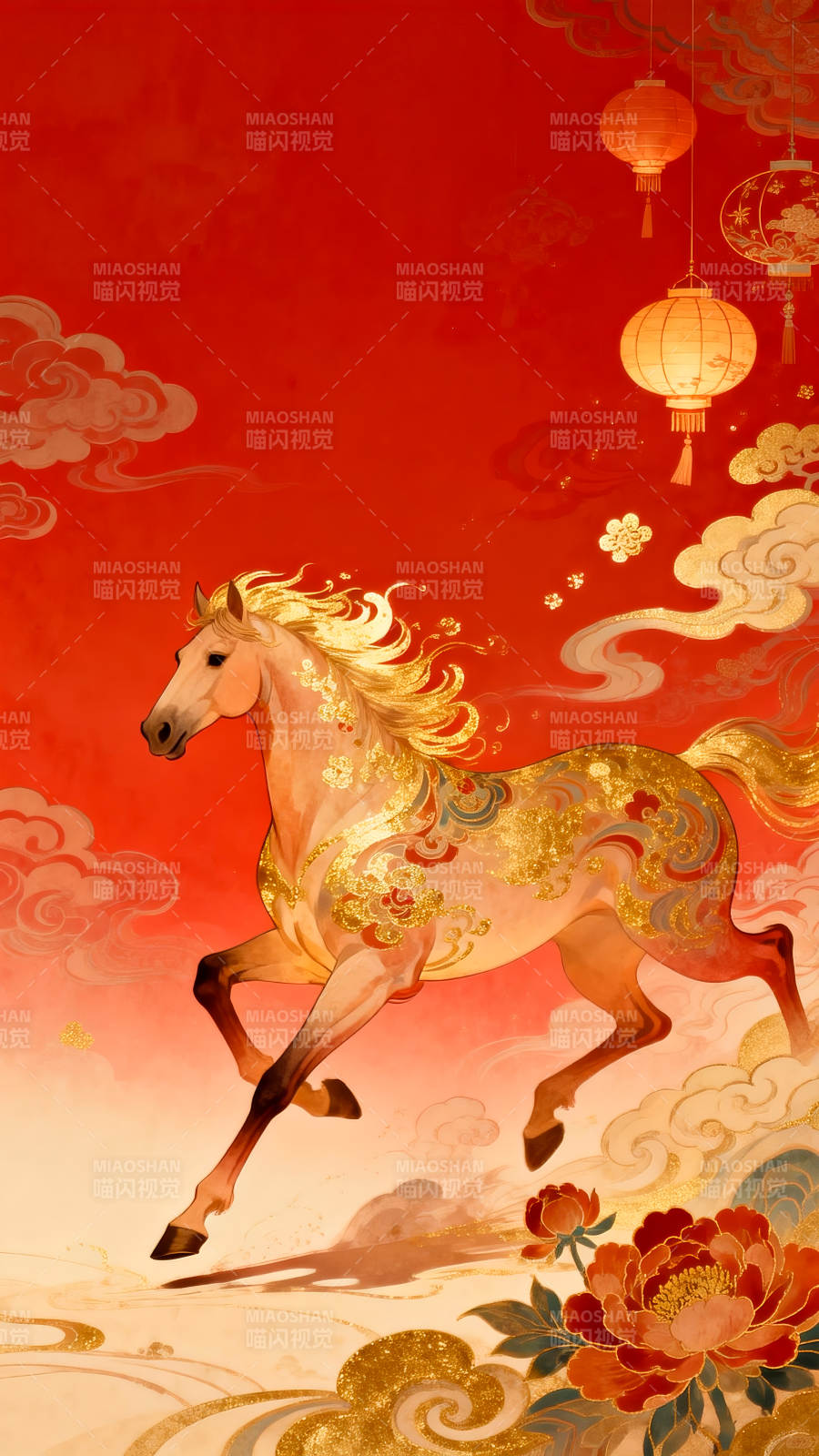 2026年马年国潮插画金马奔腾迎新春图片