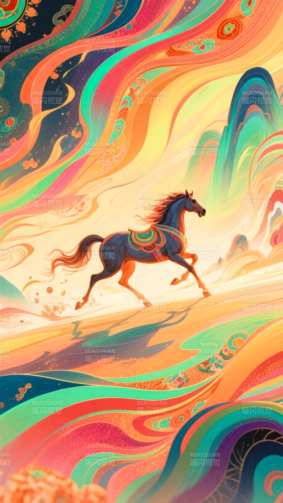 2026年马年国潮插画彩浪奔马图片