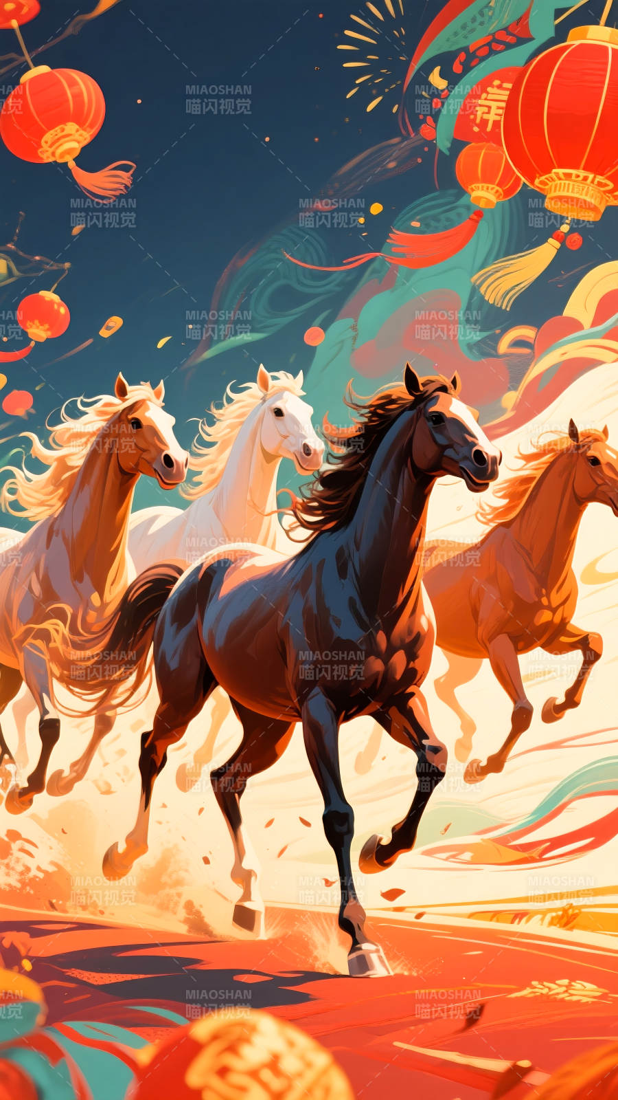 2026年马年国潮插画骏马奔腾迎新春图片