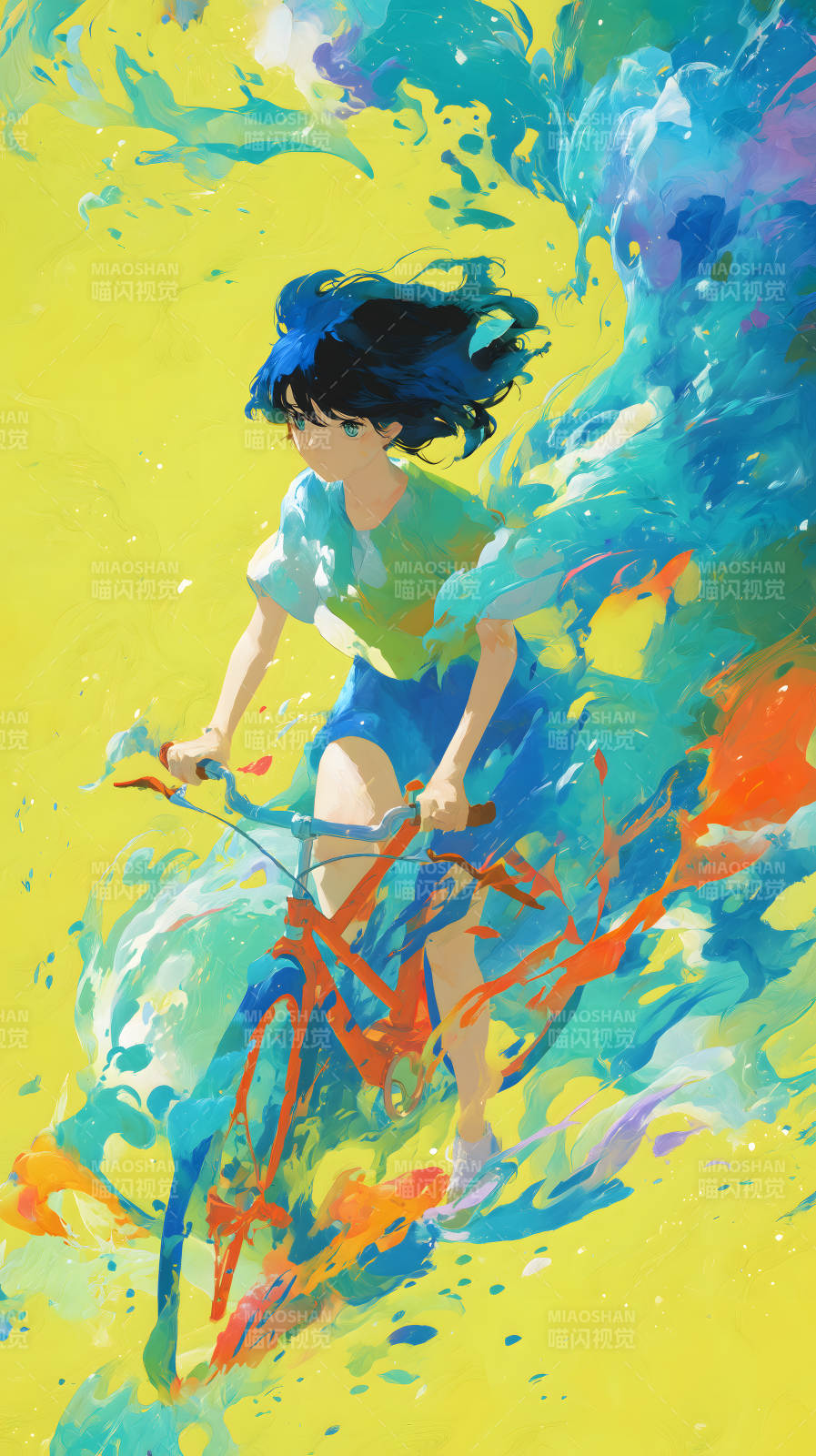 女孩与色彩斑斓的自行车图片