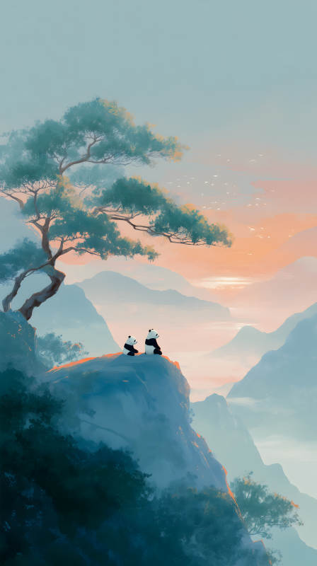 山顶日出时分两只熊猫图片