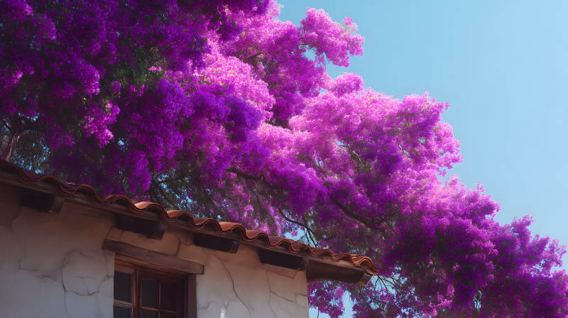 紫藤花下的西班牙风格小屋图片