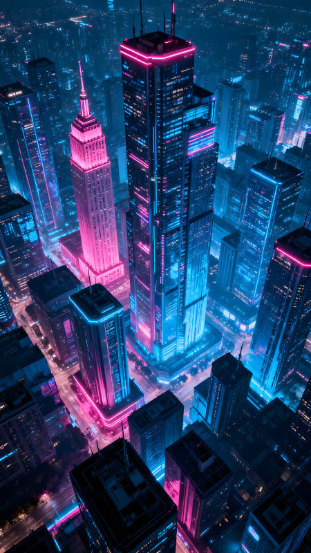 霓虹灯映照下的未来都市夜景图片