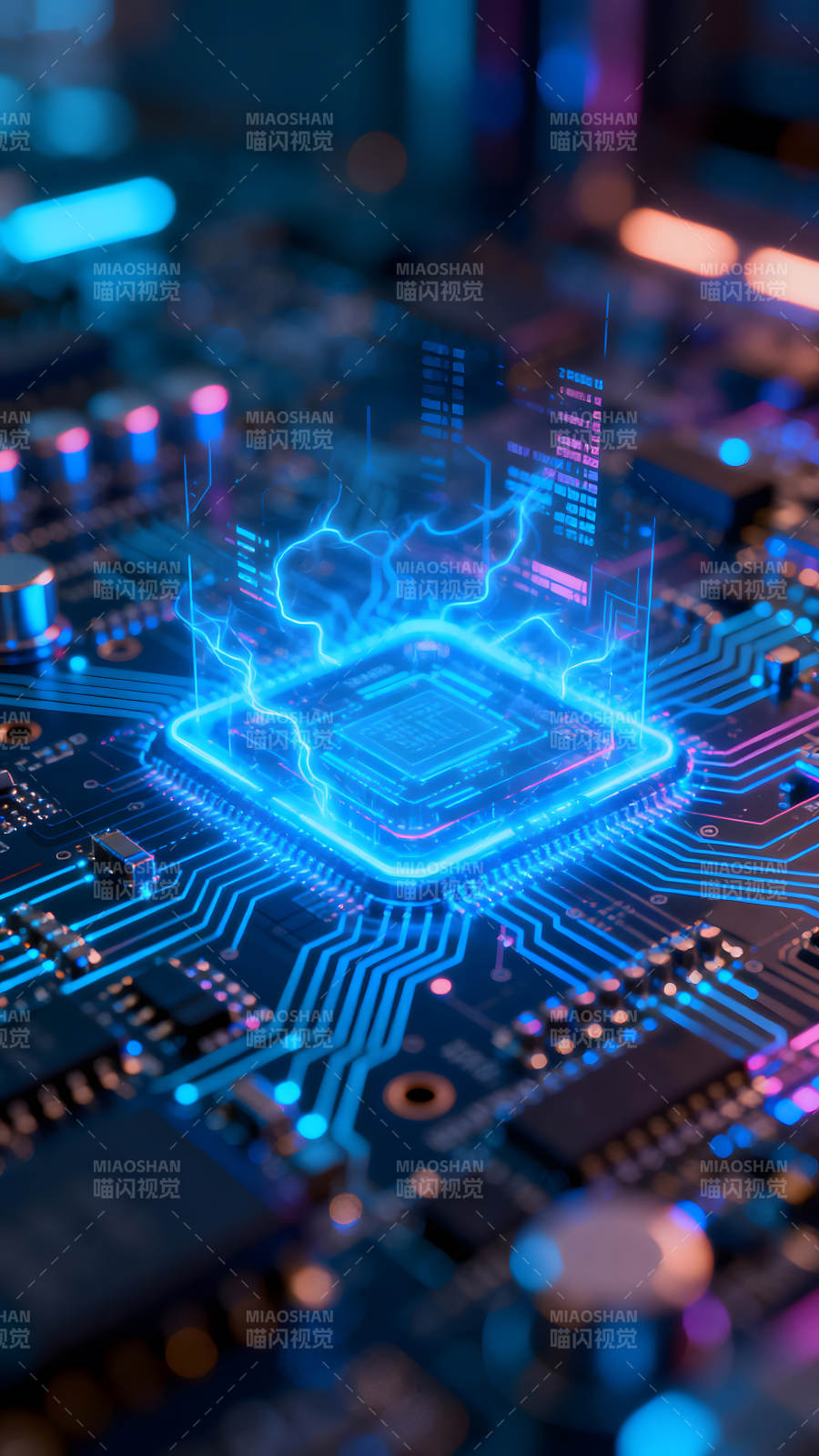 电路板上的蓝色能量核心图片