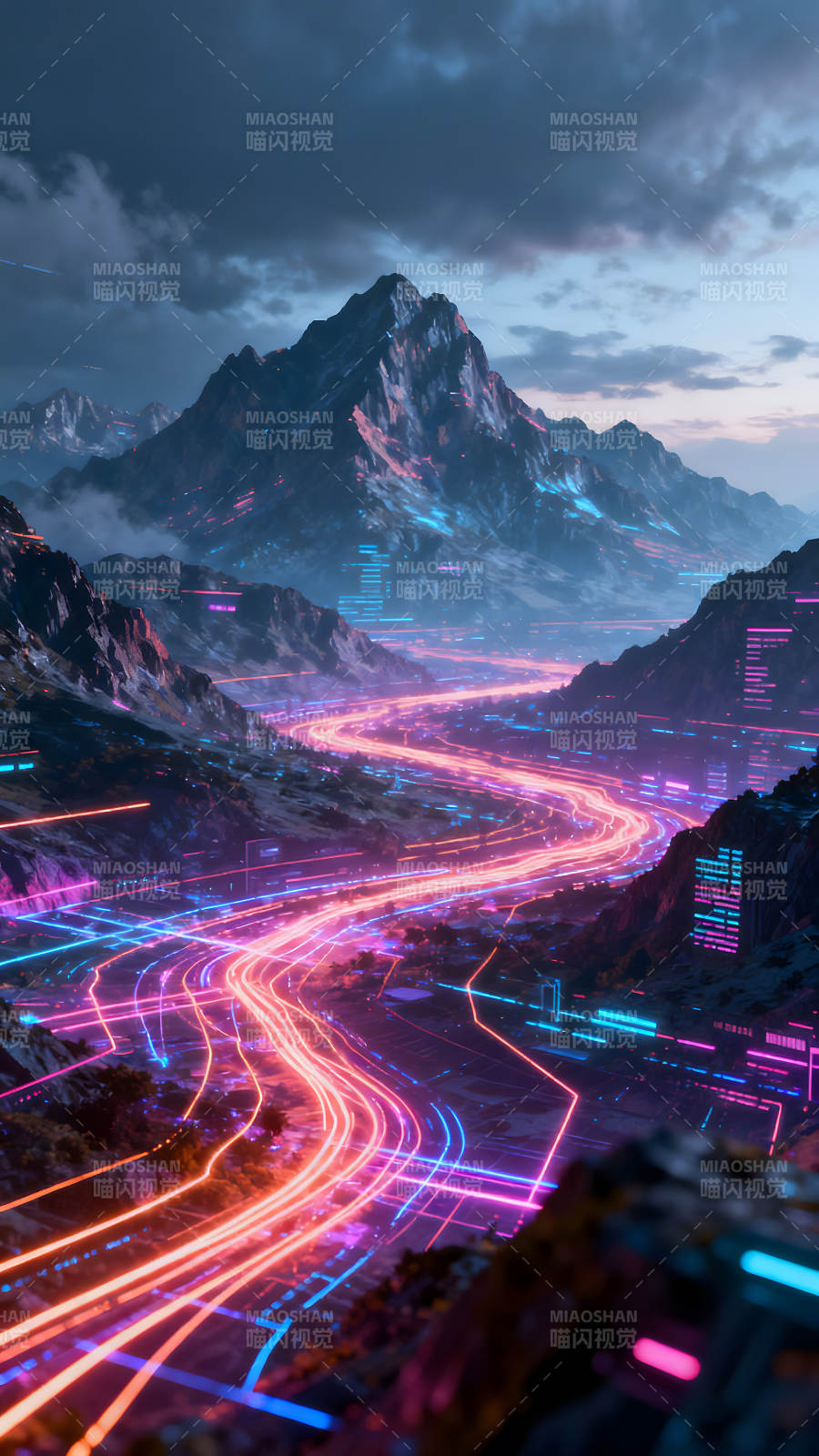 赛博朋克山脉数据传输景象图片