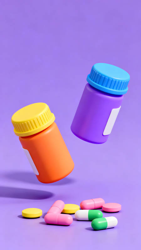 药物和药瓶悬浮在紫色背景上图片