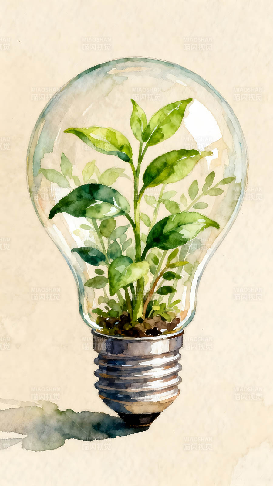 植物灯泡水彩画绿色环保概念图片
