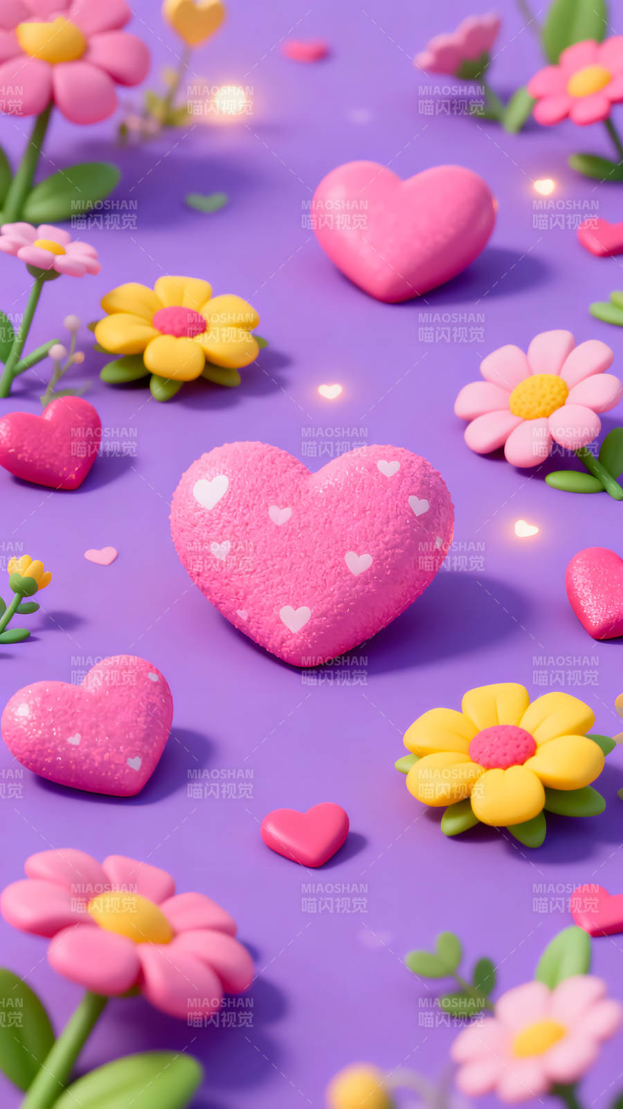 粉色爱心与花朵的浪漫紫色背景图片