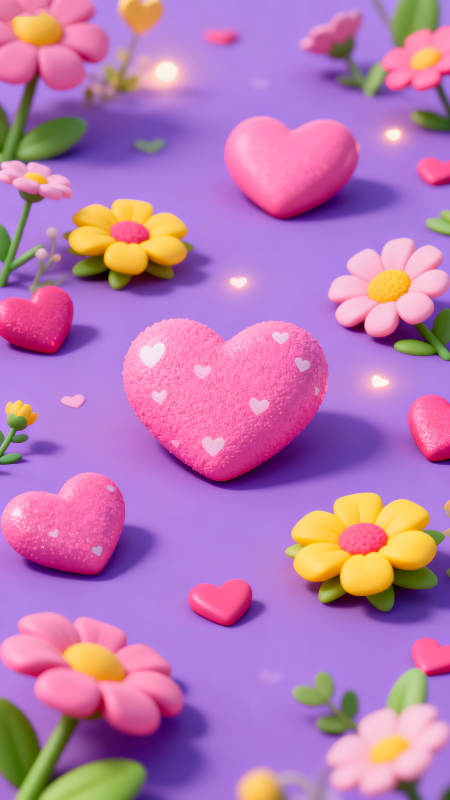 粉色爱心与花朵的浪漫紫色背景图片