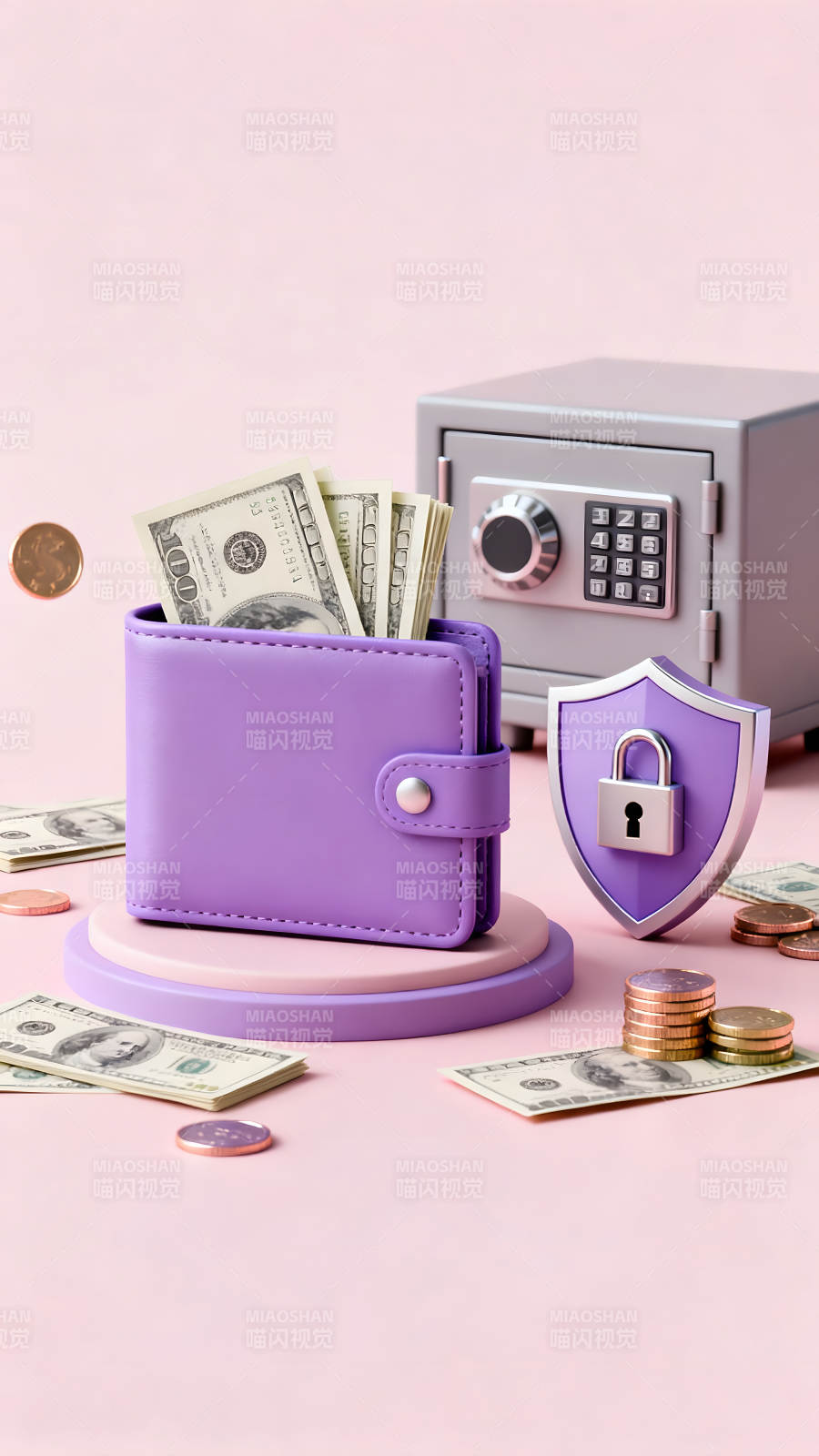钱包保险箱和钱币堆叠的图像图片