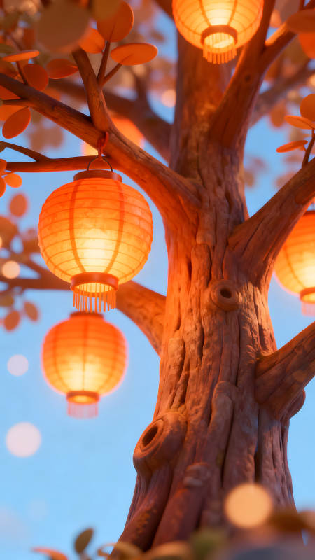 树上挂着橙色灯笼的唯美场景图片
