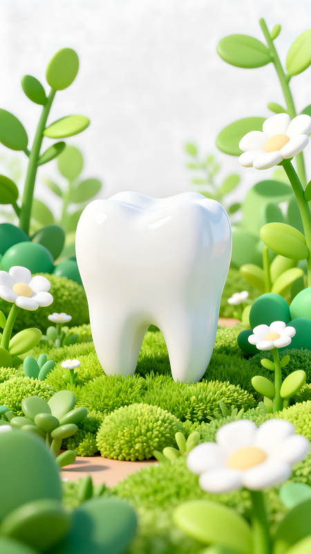 牙齿生长在葱翠的草地上图片