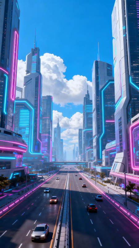 未来城市风光霓虹闪烁车水马龙图片