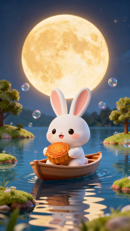 中秋节可爱兔子赏月吃月饼图片