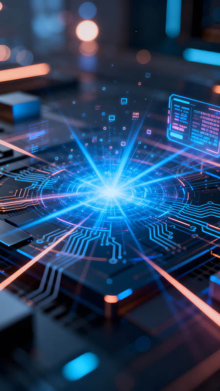 科技感十足的电路板中心发出光芒图片