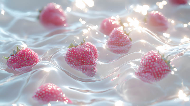 草莓在粉色水面上的梦幻图片