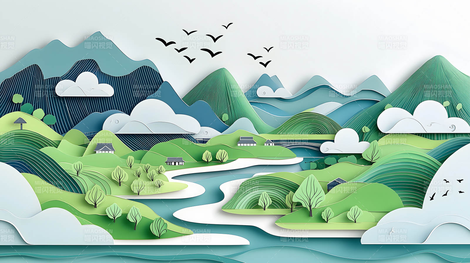 田园诗意的绿色山水图片