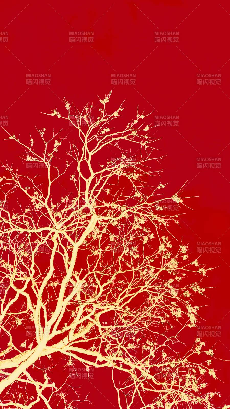 红底金枝树影图片