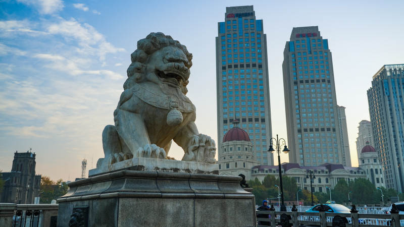 天津狮子桥城市狮像与高楼图片