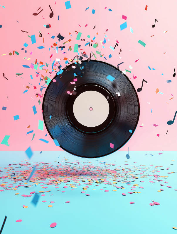 黑胶片与彩色纸屑的派对图片