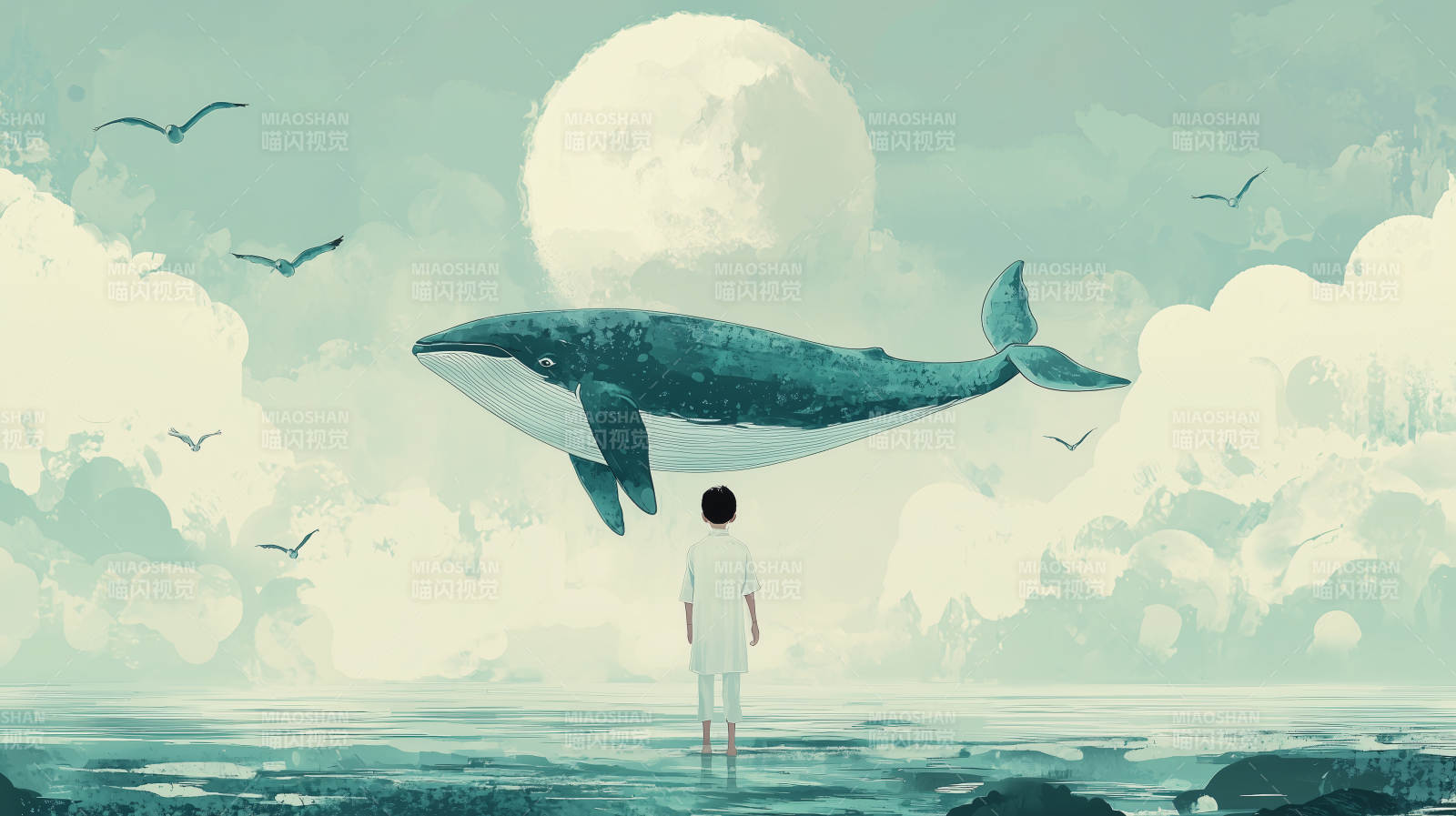 鲸鱼少年梦幻图片
