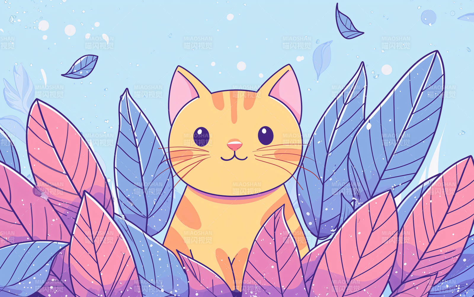 萌宠猫咪与粉色蓝紫色叶片图片