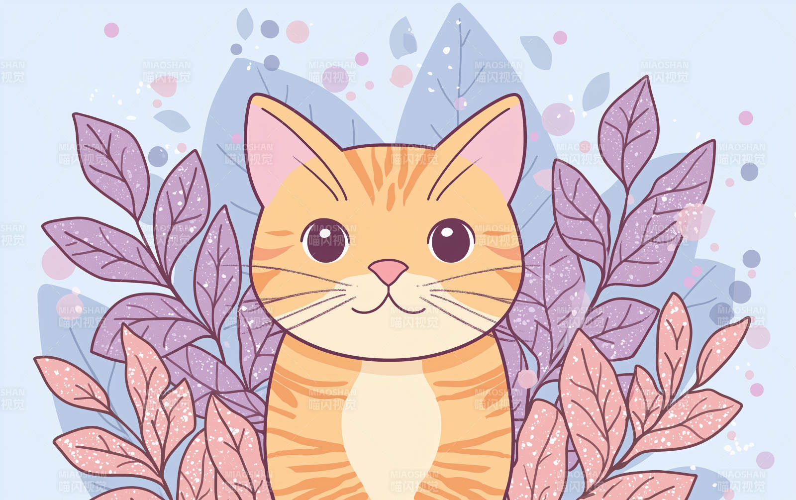 萌宠猫咪与粉色蓝紫色叶片图片